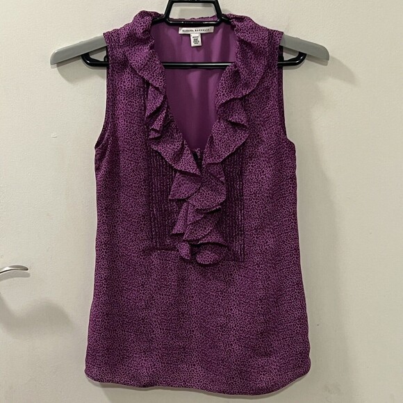 Banana Republic Womens Printed Ruffle Neck Sleeveless Blouse V-Neck Lined SZ 00 - Picture 3 of 12